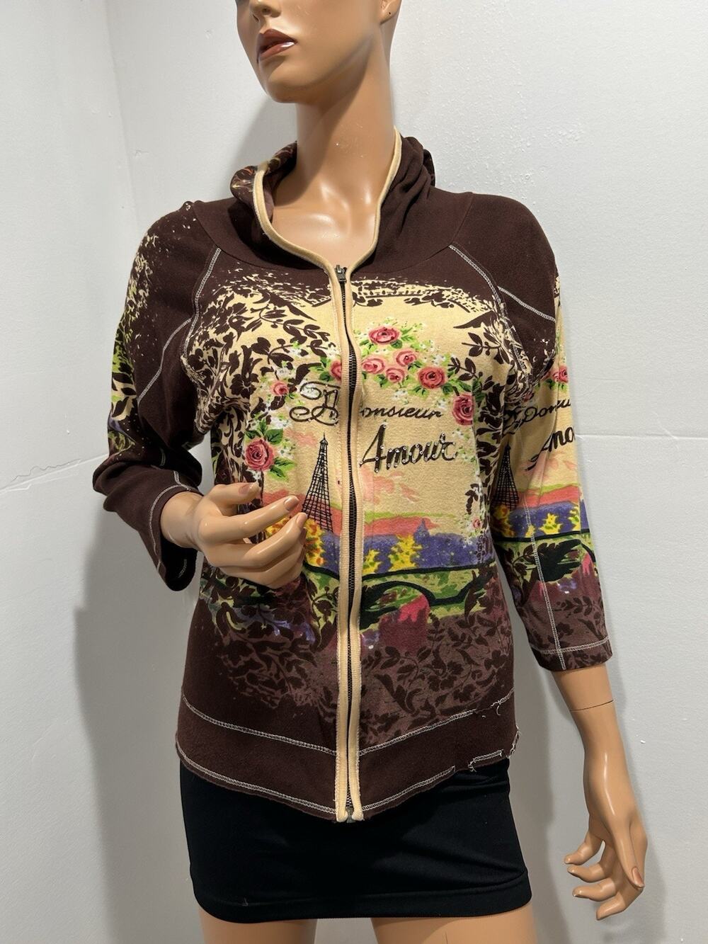 unbranded Hoodie Zip Up French Amour Brown Floral Size Large Long Sleeve